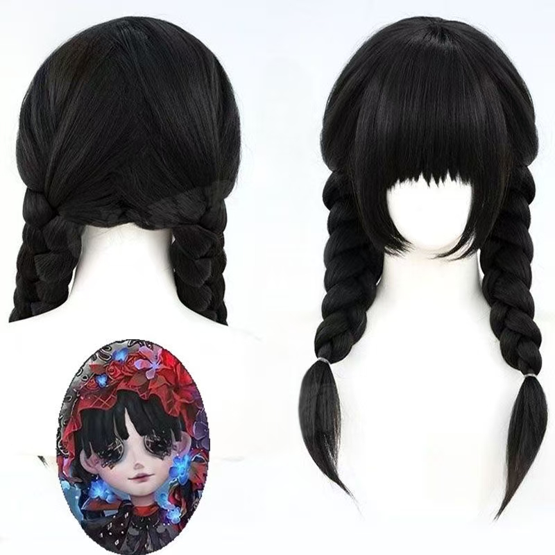 Anime Cosplay Girl With Black Hair - アニメアイデンティティ V リトルガールミスザクロバタフライブラックダブル三つ編み合成毛ローズネット付きハロウィンパーティーウィッグ
