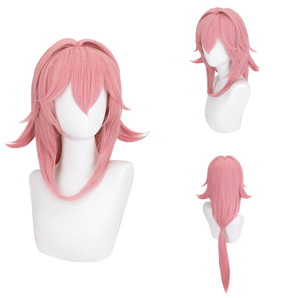 Cosplay Anime Yae Miko - 八重巫女コスウィッグ ピンク ナチュラル ロングポニーテール 耐熱合成ウィッグ 日常着用