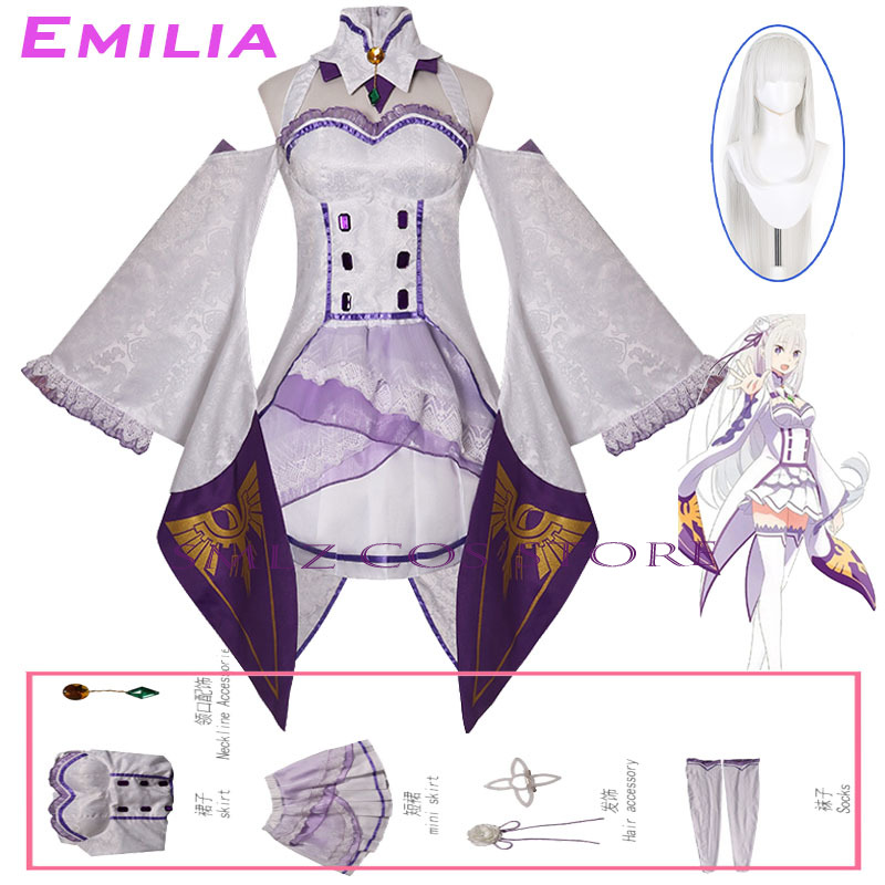 Cosplay Anime Women - エミリアコスプレアニメ再ゼロカラハジメル異世界生活衣装白制服ドレスウィッグセットハロウィンパーティー衣装女性用