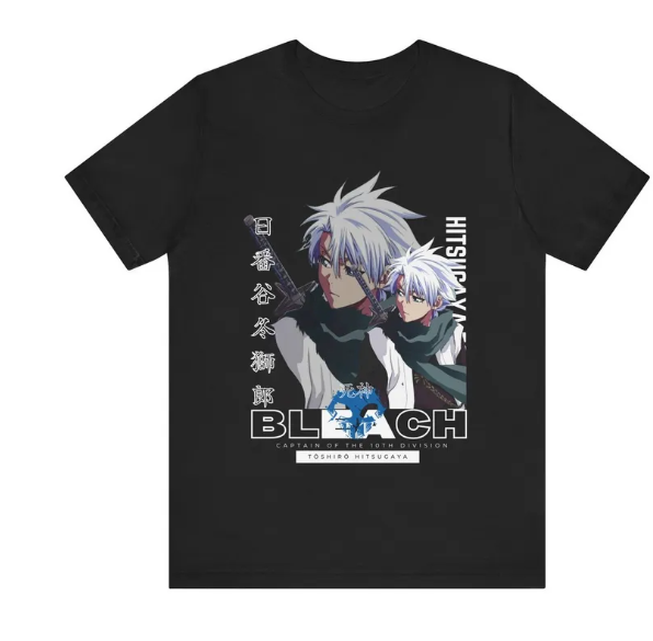 Anime Cosplay Title - 2026 ブリーチ日番谷冬士郎デュアルポートレート縦型漢字タイトルプリント Tシャツ黒特大コットンカジュアル Tシャツアニメファン向け