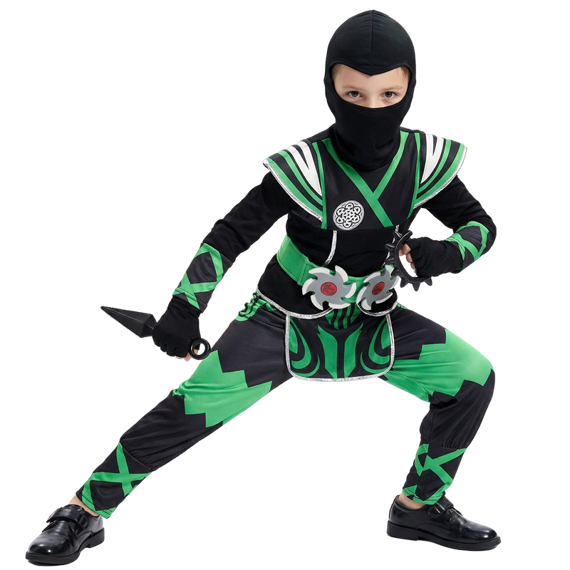 Anime Cosplay Ninja - 日本の忍者コスチュームセット 子供用 グリーンサムライドレスアップ 9ピースおもちゃギフト付き ハロウィンコスプレ 男の子/女の子