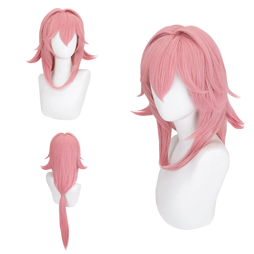 Cosplay Anime Yae Miko - 八重巫女 1:1 レプリカコスプレウィッグ 模擬頭皮 ピンクスタイルのポニーテール 耐熱性合成毛