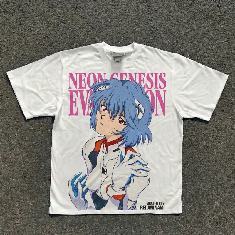Anime Cosplay Title - 2026 新世紀エヴァンゲリオン綾波レイピンクタイトルプラグスーツプリント Tシャツ白特大コットンカジュアル Tシャツアニメファン向け