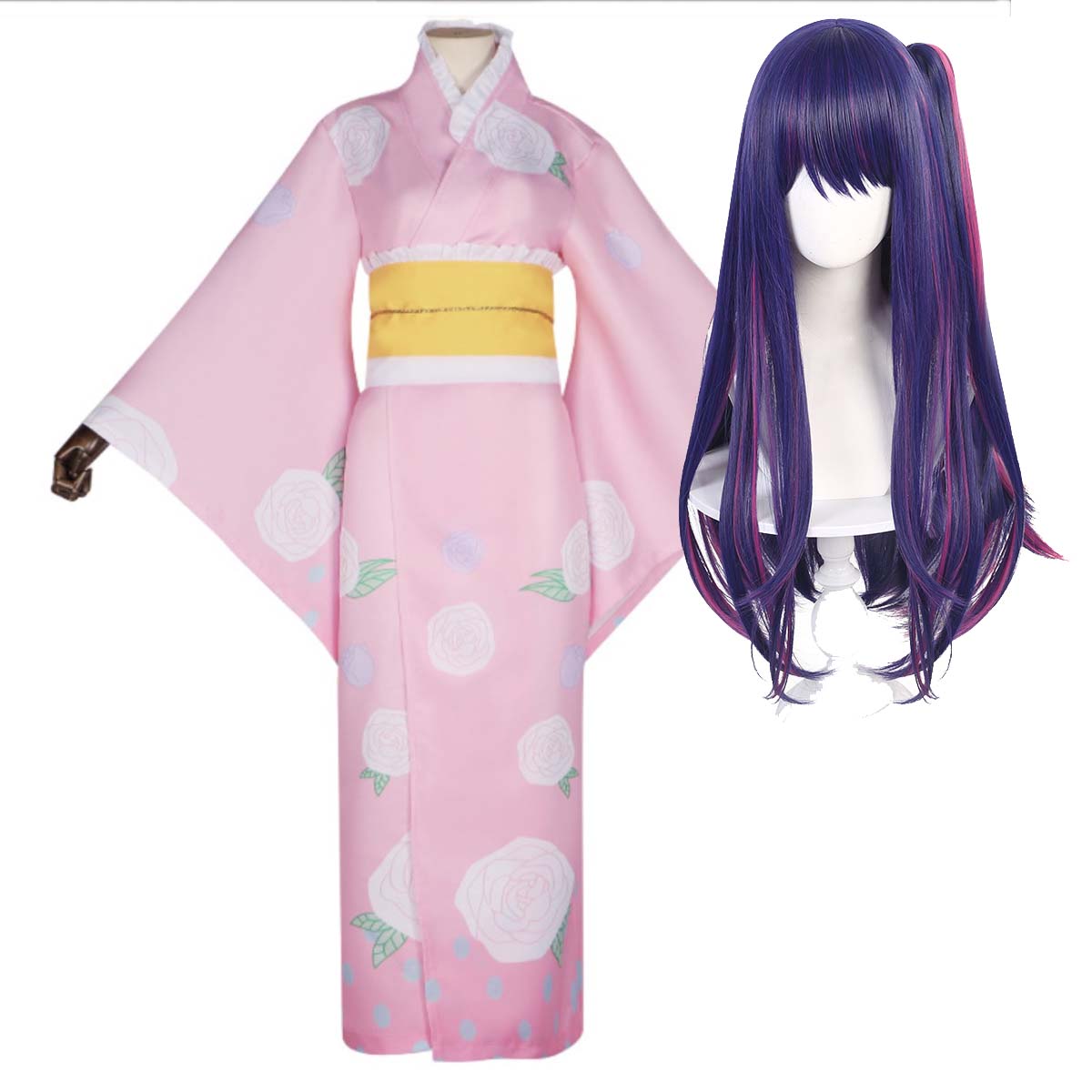 Anime Cosplay Ai - 女性アニメ OSHI NO KO コス星野愛コスプレピンクプリント着物衣装またはウィッグ