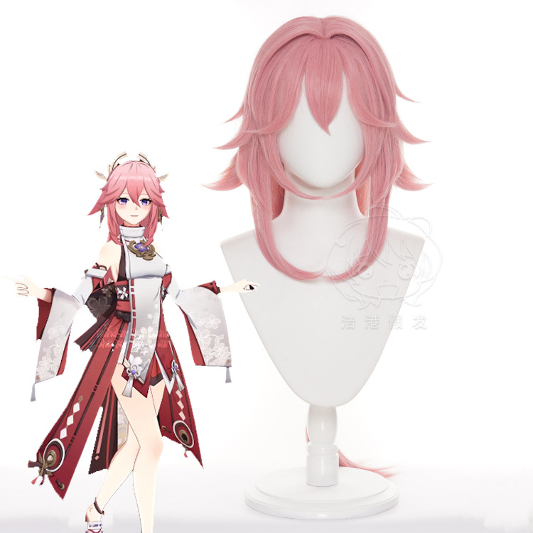 Cosplay Anime Yae Miko - 原神八重巫女コスプレウィッグハロウィンステージパフォーマンスウィッグユニセックス 80 センチメートルピンク人工毛コミコンコスチュームアクセサリー