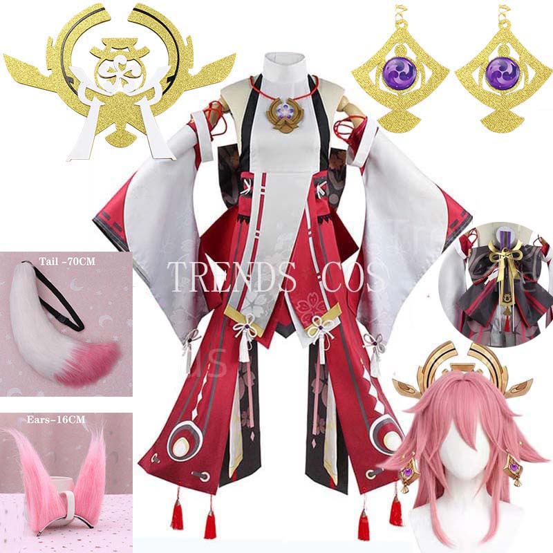 Cosplay Anime Yae Miko - Yae miko-コスプレ衣装ウィッグ,ウィッグコスプレセット,gucheryae asingヘッドウェア,コミック用テール