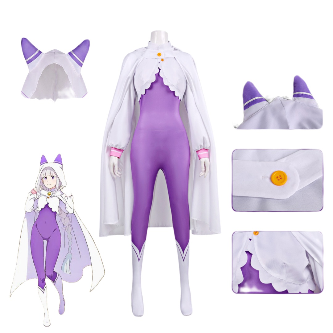 Anime Cosplay Re Zero - 再ゼロ エミリア コスプレ衣装 ウィッグセット ジャンプスーツ ハロウィンパーティー