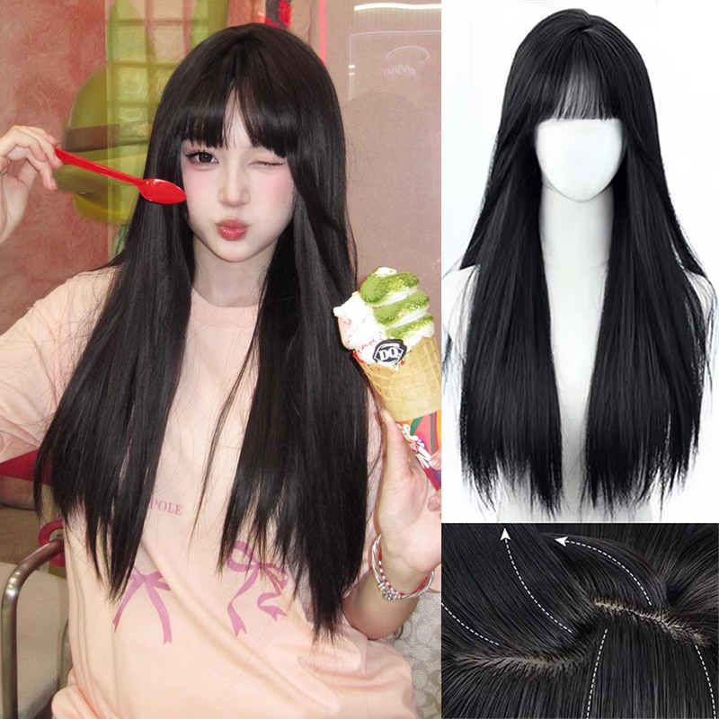 合成韓国風ブラックロングストレートヘアウィッグ（前髪付き）ア - Anime Cosplay Girl With Black Hair のレビューと価格