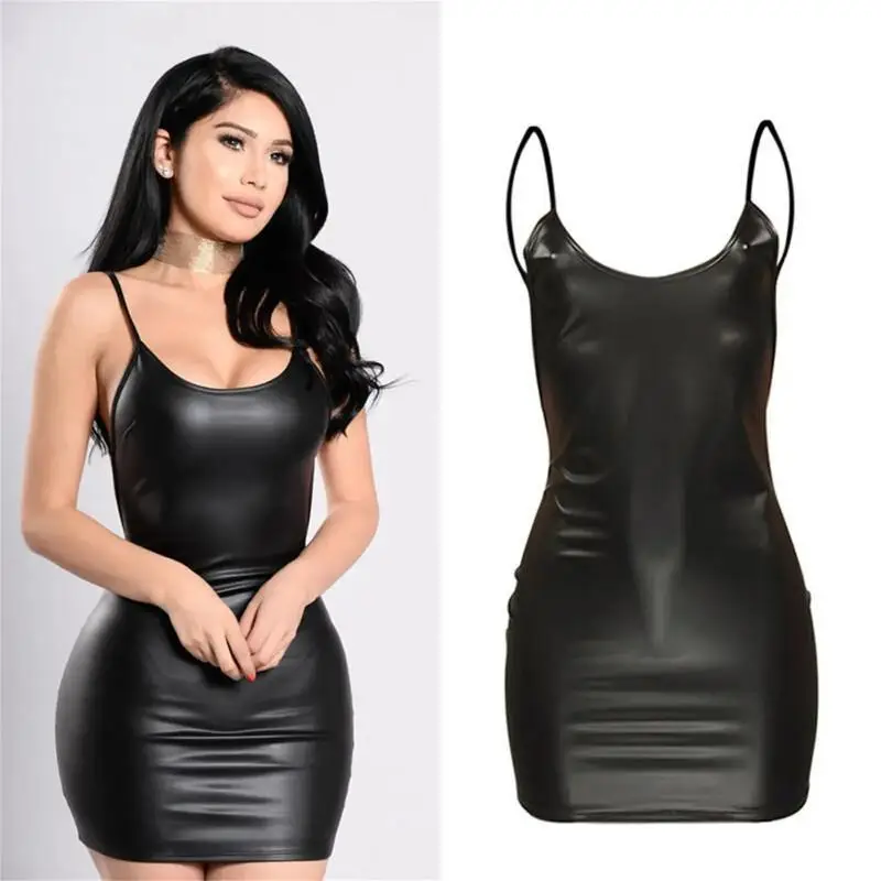 ブラックフェイクレザーキャミボディコンミニドレス、プラスサイ - Anime Cosplay Plus Size のレビューと価格