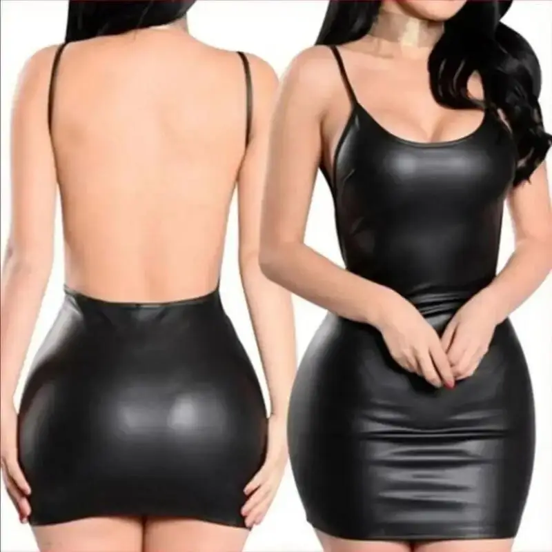 ブラックフェイクレザーキャミボディコンミニドレス、プラスサイ - Anime Cosplay Plus Size のレビューと価格