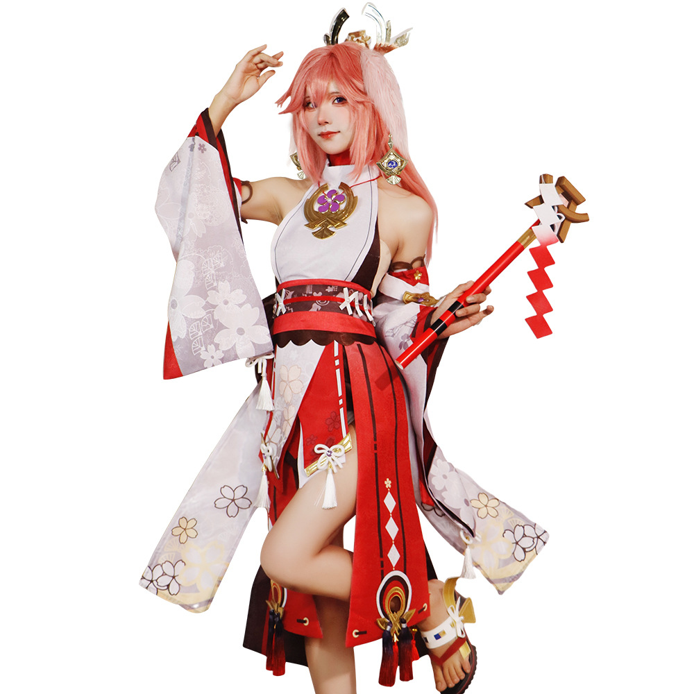 原神インパクト八重巫女コスプレフルセットピンクウィッグ付きグ - Cosplay Anime Yae Miko のレビューと価格