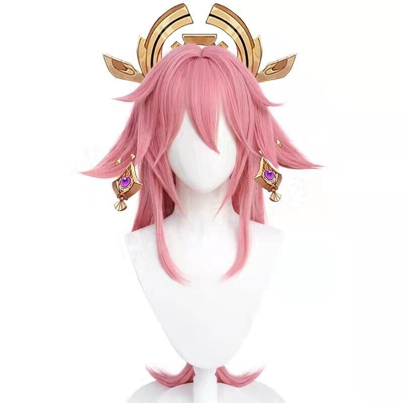 原神インパクト八重巫女コスプレウィッグイナズマリアルな頭皮ト - Cosplay Anime Yae Miko のレビューと価格