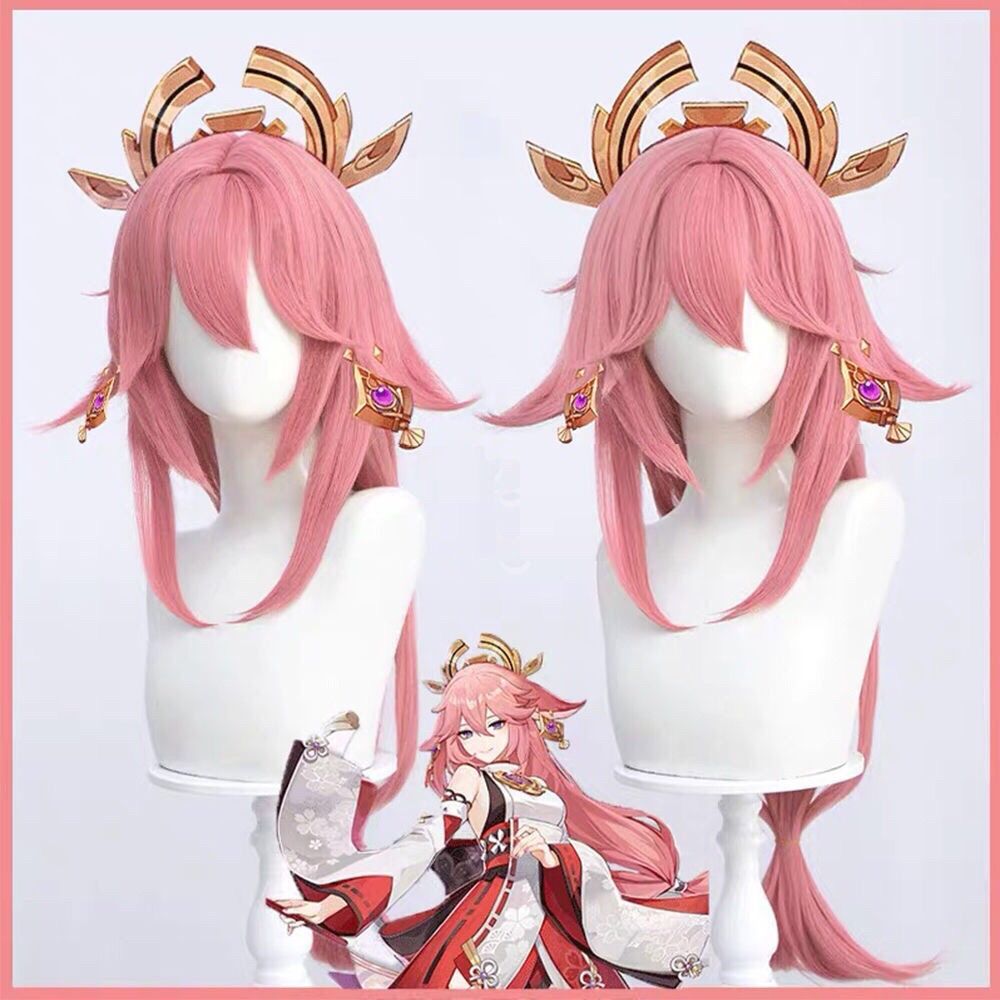 原神インパクト八重巫女コスプレウィッグイナズマリアルな頭皮ト - Cosplay Anime Yae Miko のレビューと価格