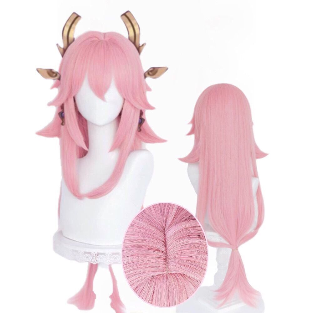 原神インパクト八重巫女コスプレウィッグイナズマリアルな頭皮ト - Cosplay Anime Yae Miko のレビューと価格